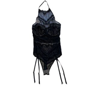 Victorias Secret Women’s Black Lacey Halter Teddy Lingerie Bodysuit 32C NWOT